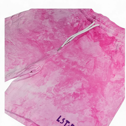 Electric Bubble Gum  tie-dye shorts by LST & FND flat lay front view